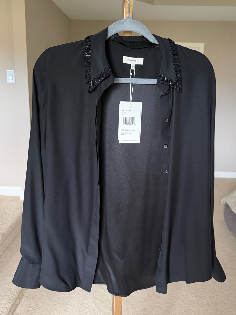 Lafayette 148 New York Black Beaded Collar Button-Down Blouse